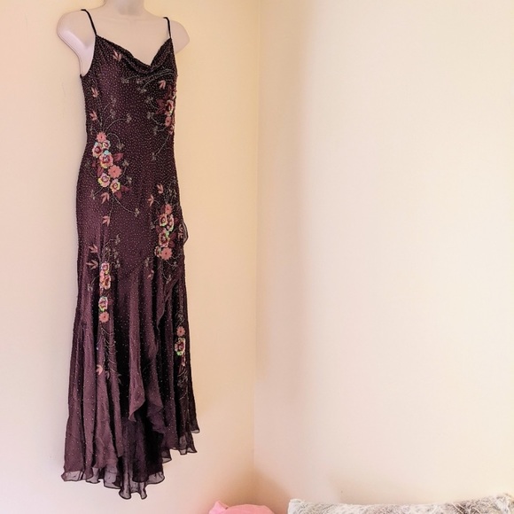 Vintage 90’s 100% Silk Dress Beaded Dress Backless Cowl Silk Slip Dress Floral - Picture 5 of 16